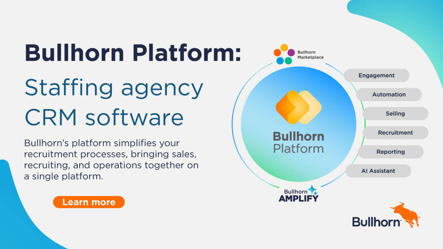 Bild der Bullhorn-Plattform, das CRM-Software für Personalagenturen zeigt, mit Schwerpunkt auf Bullhorn Marketplace, Engagement Automation, Verkauf, Rekrutierung, Reporting und Al Assistant.