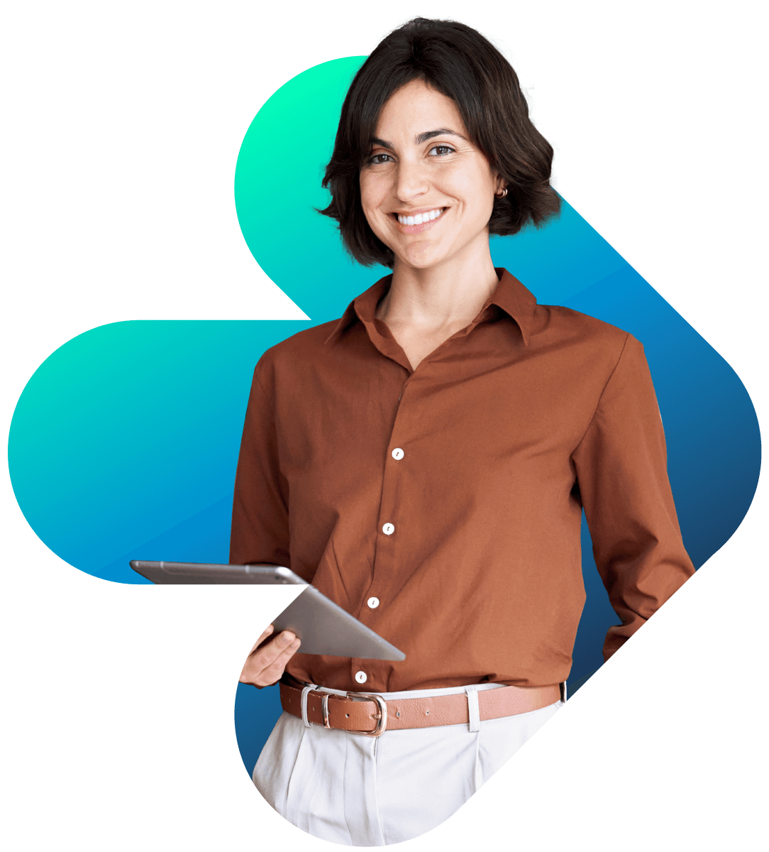 Eine lächelnde Frau hält ein Tablet in der Hand, das die Personalvermittlungssoftware Bullhorn repräsentiert.