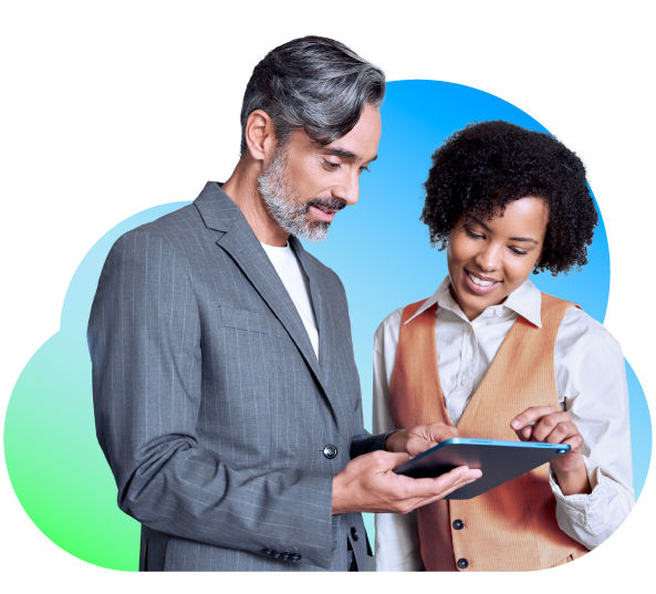 A man and a woman with a tablet in front of a shape of a cloud with a blue and green gradient, representing the ease of use of Bullhorn, the best recruiting CRM software for agencies.