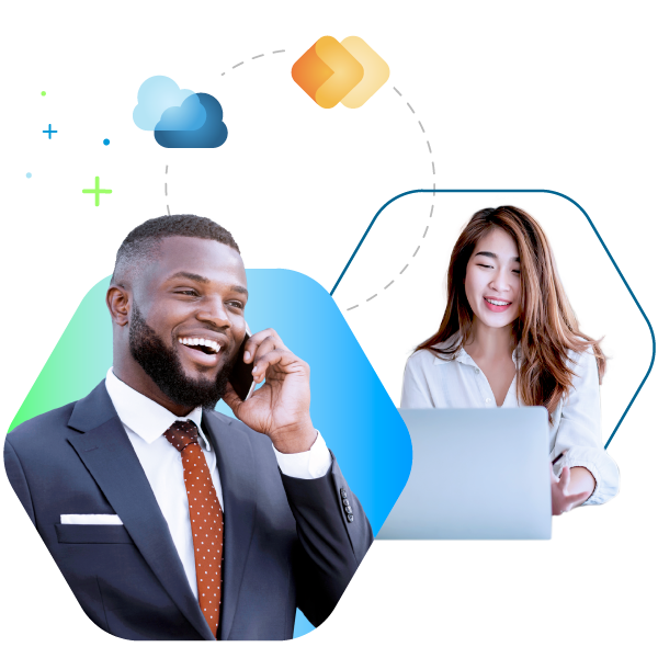 A man on the phone and a woman with a laptop representing Bullhorn, with Bullhorn Platform and Bullhorn Recruitment Cloud product icons. The best recruiting CRM software platforms for staffing agencies.