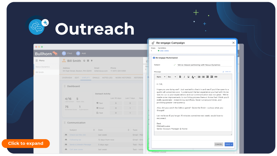 Miniatuur van Bullhorn Amplify AI outreach-vaardigheidsvideo, waarin de functies en voordelen van een e-mailmarketingtool worden getoond.