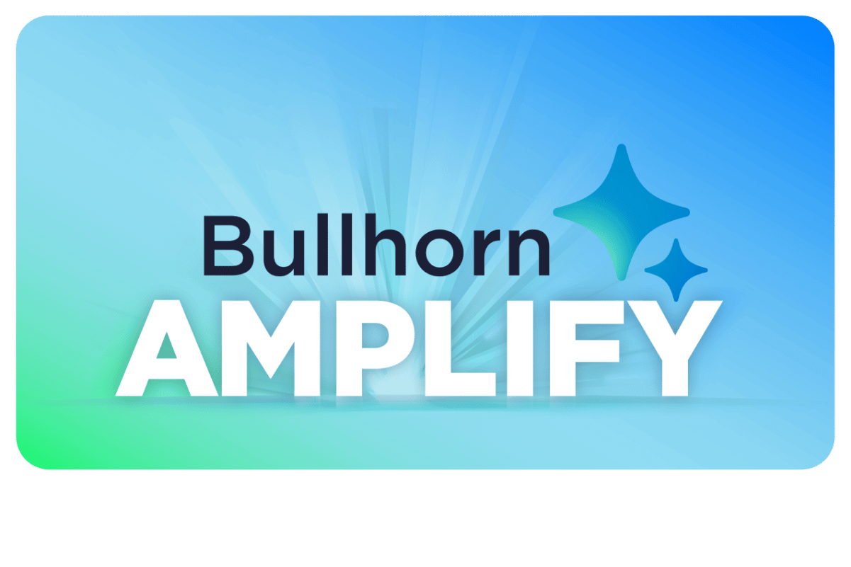 Logo von Bullhorn Amplify auf einem grün-blauen Farbverlauf. Bullhorn Amplify ist ein KI-Rekrutierungstool, das speziell auf Personalagenturen zugeschnitten ist.