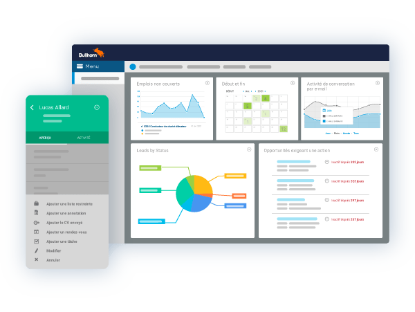 Dashboard interface showcasing Bullhorn ATS/CRM features for staffing agencies, with multiple dashboard views displayed.