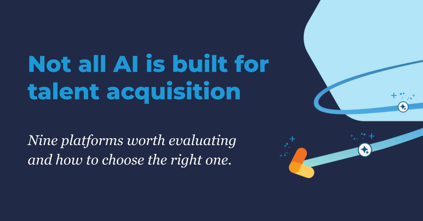 Informational graphic from Bullhorn titled "Not all AI is built for talent acquisition" answering what is the best AI tool for recruiters. The image features white and light blue text over a dark blue background with abstract shapes and the Bullhorn logo.