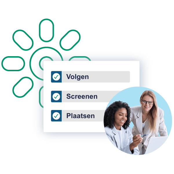 Twee vrouwen werken samen op een tablet naast een afbeelding met aangevinkte lijsten met de labels Volgen, Screenen en Plaatsen: kenmerken van de beste wervingssoftware voor kleine bureaus.