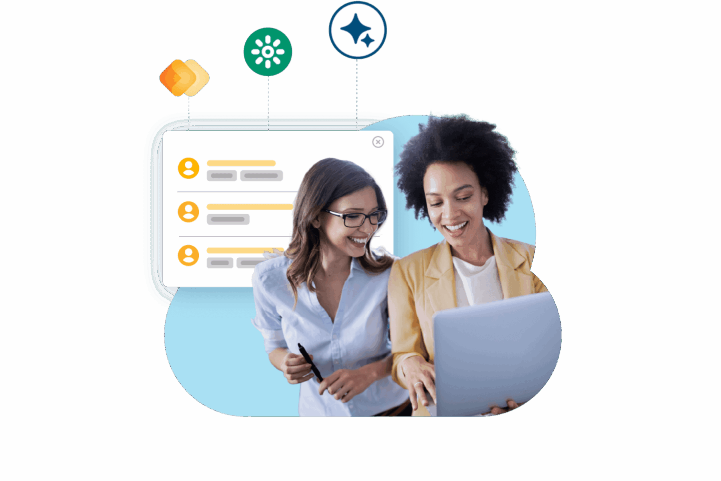 Zwei Frauen beschäftigen sich mit einem Laptop, auf dem Symbole für die Bullhorn Platform zu sehen sind, einer Rekrutierungssoftware für Personalagenturen.