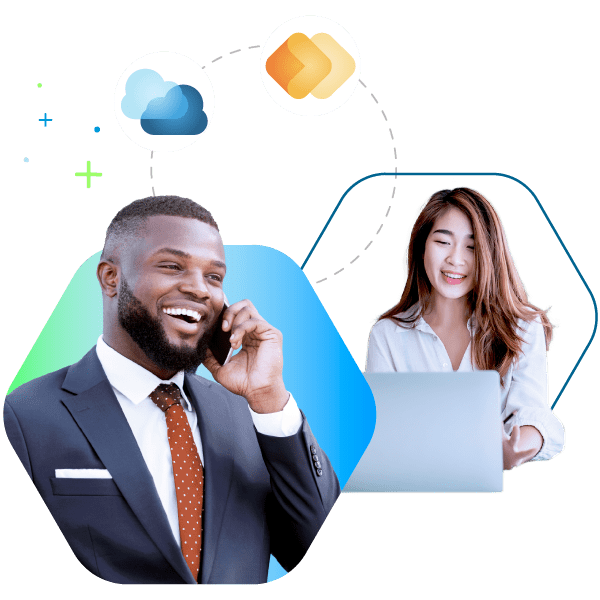 Een man aan de telefoon en een vrouw met een laptop die Bullhorn vertegenwoordigen, met producticonen van Bullhorn Platform en Bullhorn Recruitment Cloud. AI-wervingssoftware van het beste CRM-systeem voor wervingsbureaus.