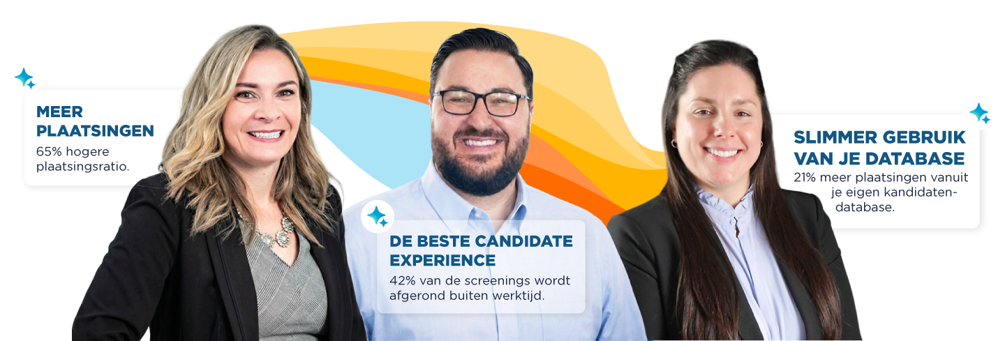 Drie lachende professionals staan ​​voor een kleurrijke blauwe, gele en oranje golfgrafiek. Tekstoverlays benadrukken belangrijke statistieken: een stijging van 65% in het conversiepercentage van sollicitaties naar plaatsingen, AI-screening van talloze sollicitaties met een tevredenheidsscore van 4,5/5,0, en een verkorting van de aanmaaktijd van taken tot slechts één minuut. Deze visualisatie vertegenwoordigt Bullhorns Rally Cry - Durf te groeien-initiatief voor de recruitmentbranche.