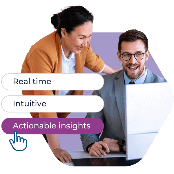 A man and woman view a computer screen displaying "real time, intuitive, actionable insights" for recruitment analytics and reporting software.