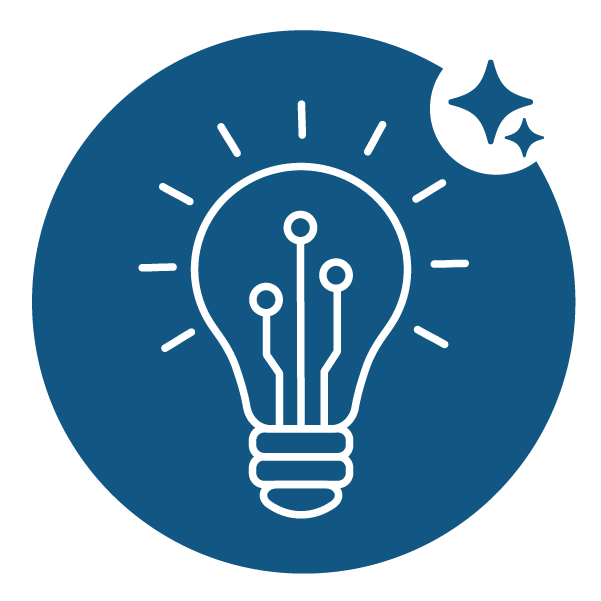 White line icon of a glowing lightbulb with circuit board lines inside, set within a blue circle with a small sparkle badge in the corner, representing the innovation that shows why Bullhorn is the best staffing software.